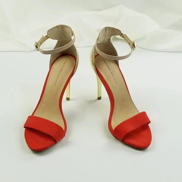 Zara Basic Size 36 (US 5.5-6) Women's Red Suede Ankle Strap Gold Heel Pumps - Picture 8 of 12